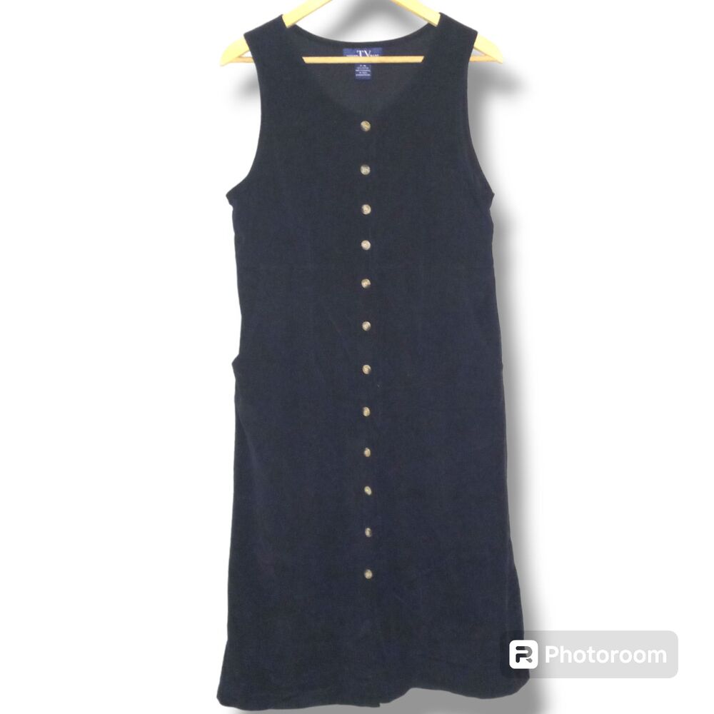 Vtg Original TY Wear Corduroy Overall Dress-Medium Petite-Navy-Pockets-Modest